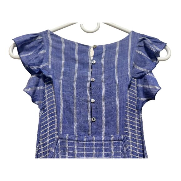 Free People Chambray Striped Dress Medium Pastel Blue Smocked Waist Ruffle Boho - Picture 13 of 16